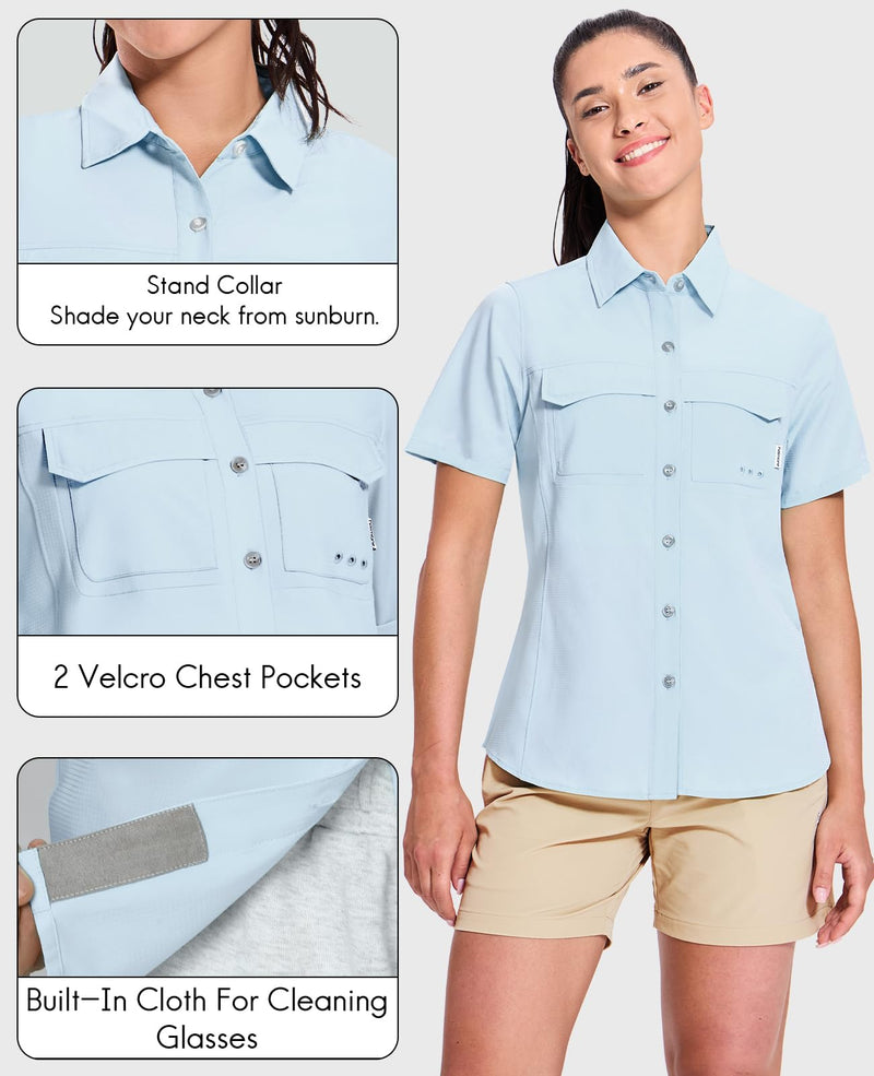 Haimont Women's UPF 50+ Sun Protection Button Down Fishing Hiking Travel Shirts Short Sleeve Quick Dry Shirt with Pockets Medium Light Blue