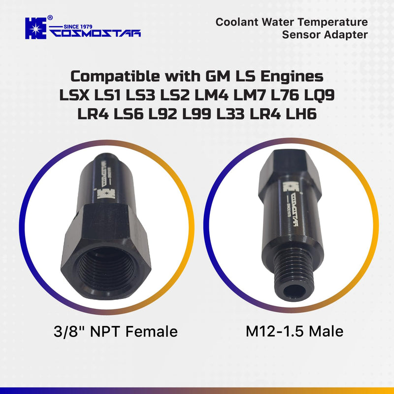 Cosmostar Coolant Water Temperature Sensor Adapter – M12-1.5 Male to 3/8" NPT Female, 1.7" Extended Length, Aluminum Alloy, Compatible with GM LS Engines LSX LS1 LS3 LS2 LM4 LM7 L76 LQ9 LR4 LS6 L92