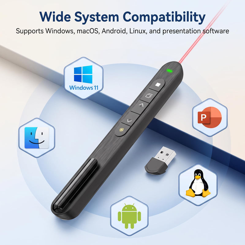 Presentation Clicker with Red Beam, 328ft Wireless Presenter Remote, Magnetic USB Receiver for PowerPoint Windows macOS Android Linux