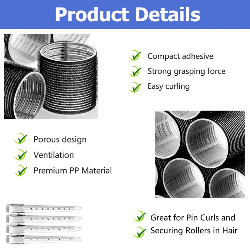 Hair Rollers Set 24 Pcs, Hair Curlers With 12 Pcs 48MM Self Grip Jumbo Hair Rollers & 12Pcs Duckbill Clip, Salon DIY Hairdressing Curlers Hair Curlers Rollers Tools for Long Medium Short Hair Black-48MM