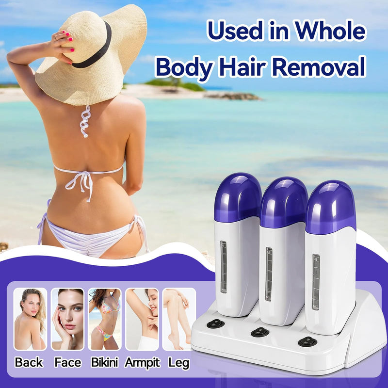 Electric Roll On Wax Warm Machine, Body Waxing Coarse Hair Removal Cartridge Melting Waxing Machine Wax Roller Wax Heater with Base for Home and Salon (3 seats) 3 seats