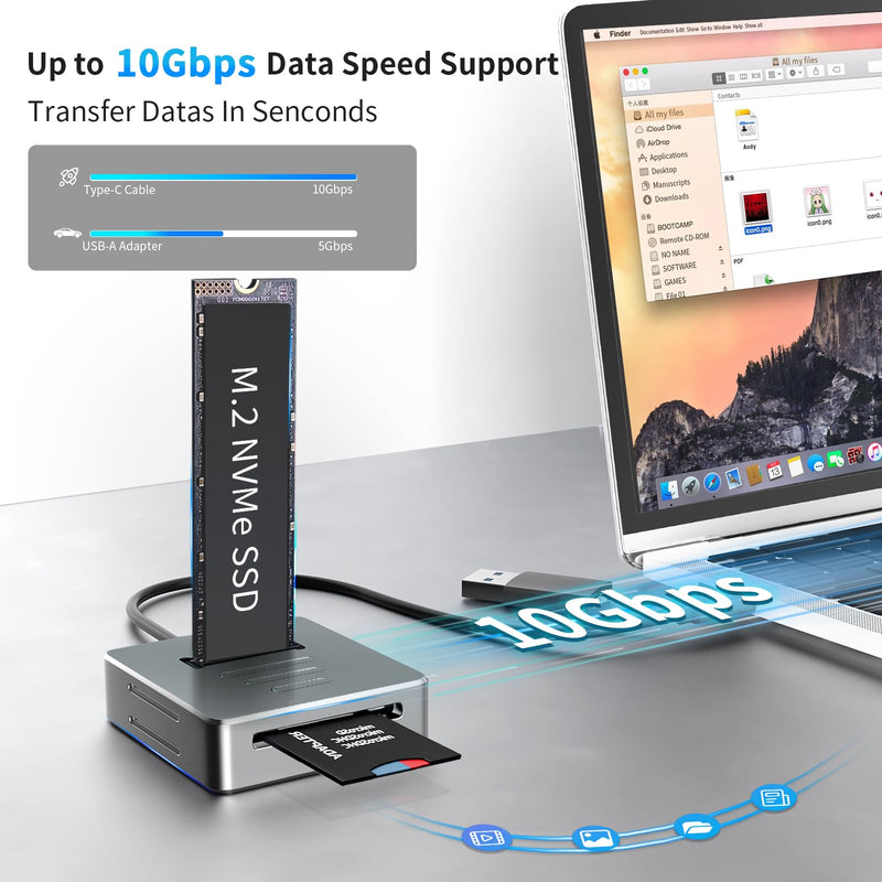 Aluminum M.2 NVMe Enclosure Docking Station, 10Gbps | Tool-Free Vertical SSD Adapter, USB-C/A, PCIe M-Key/B+M Key for 2230-22110, SD Reader, Aluminum Case