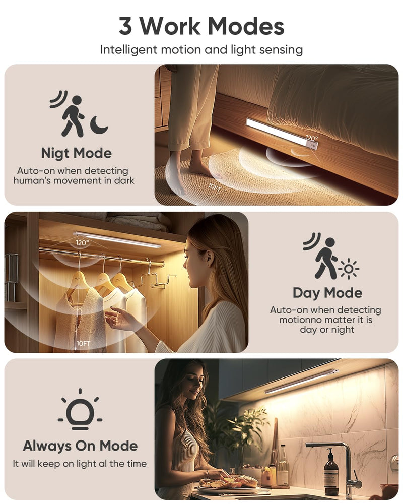 Under Cabinet Lighting Wireless, Rechargeable 62 LED Motion Sensor Light Indoor, 3 Color Temps Closet Lights with Remote Control, Dimmable Magnetic Under Counter Lights for Kitchen, Stairs, 4 Pack White-13 Inch
