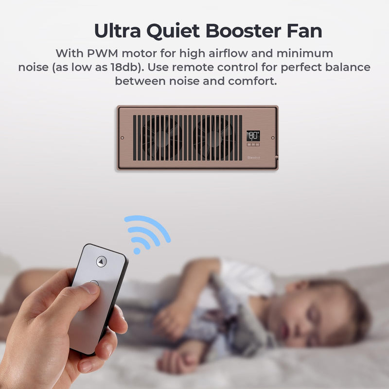 BIOWIND Quiet Register Booster Fan Fits 4" x 12" Register Holes, 10-Speed Smart Heating Cooling AC Vent Fan with Remote Control and Thermostat Control - Bronze 4" x 12"
