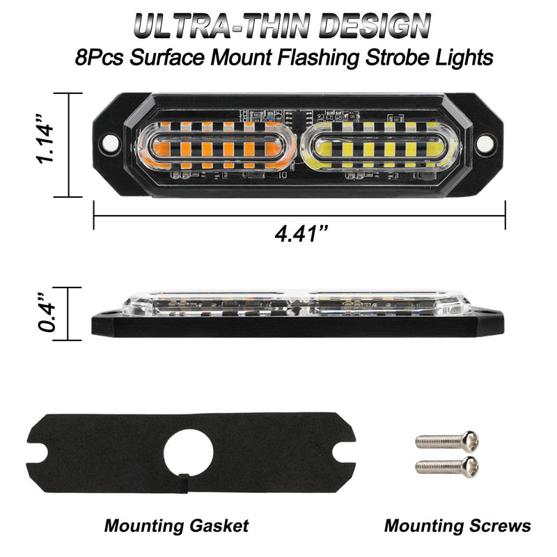 ASPL 8pcs Sync Feature Ultra Slim 12-LED Surface Mount Flashing Strobe Lights for Truck Car Vehicle LED Mini Grille Light Head Emergency Beacon Hazard Warning lights (Amber/White) Amber/White