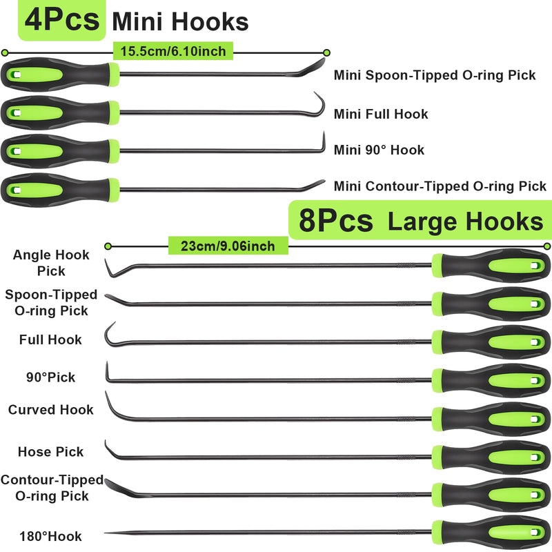 12PCS Automotive Hook and Pick Tool Set,Long & Mini Precision Puller Remover Tool Kit for Auto O-Ring,Seal & Gasket Removal,Mechanic Professional Tools,Car Repair Essentials Green-12 Pcs Hook and Pick Tool Set