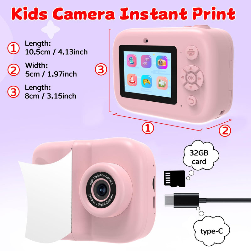 Kids Camera Instant Print for Kids with Mirror, HD Dual-Lens Selfie Digital Camera with 3 Rolls Print Paper & 32GB Card, Holiday Birthday Gifts Toys for Girls Boys Toddler. (Dark Pink) Dark Pink