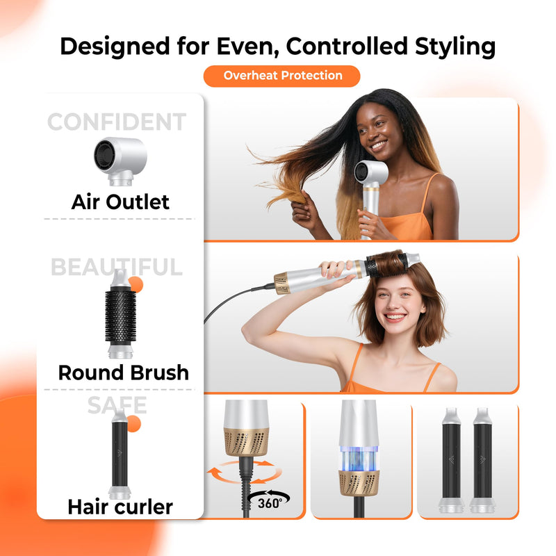 5 in 1 Hair Styler - 1000W Hot Air Brush and Hair Dryer Brush Volumizer | Multi Styler Set with Coanda Technology for Auto-Curling & Smoothing (UK Plug) Milky White