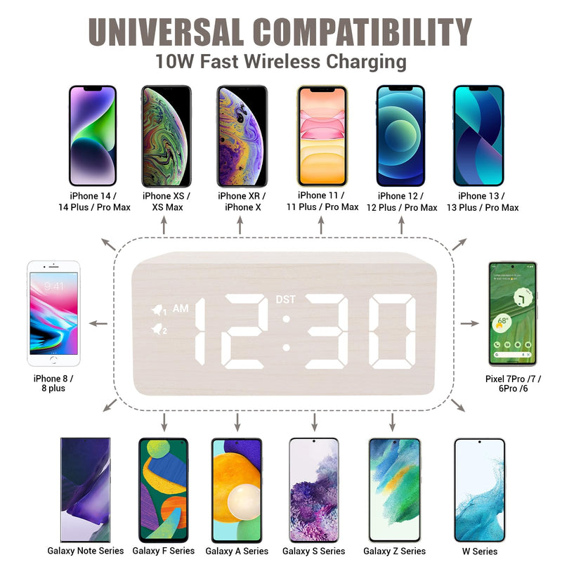 Wooden Digital Alarm Clock, 10W Fast Wireless Charger Station & 2 USB Charging Ports, with 0~99% Dimmer, Dual Alarm, Weekday/Weekend Mode, Wood LED Clock for Bedroom, Desk, Office White