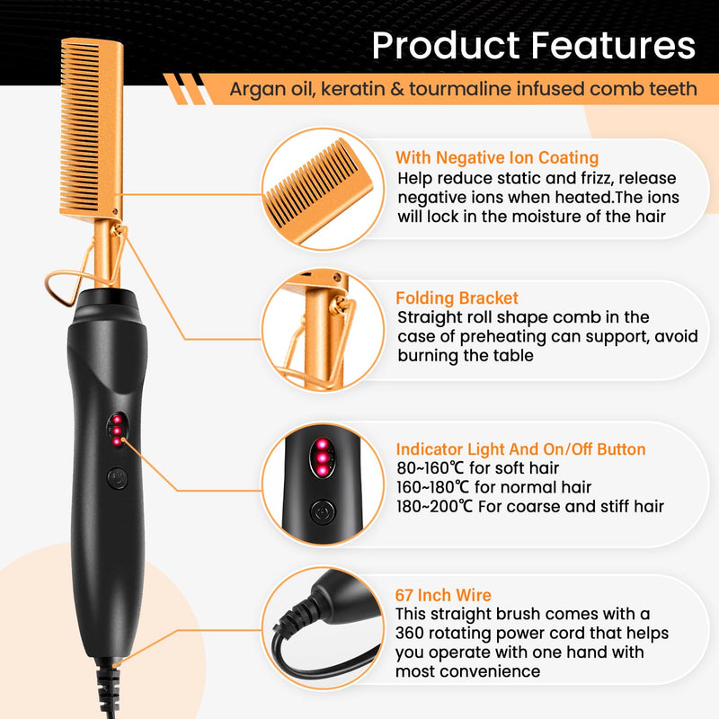 Hot Comb Set 15Pcs, Electric Hair Straightener Comb Curling Iron for Natural Black Hair Wigs Pressing Combs with Hair Wax Stick Set, Rat Tail Comb ＆Salon Clips