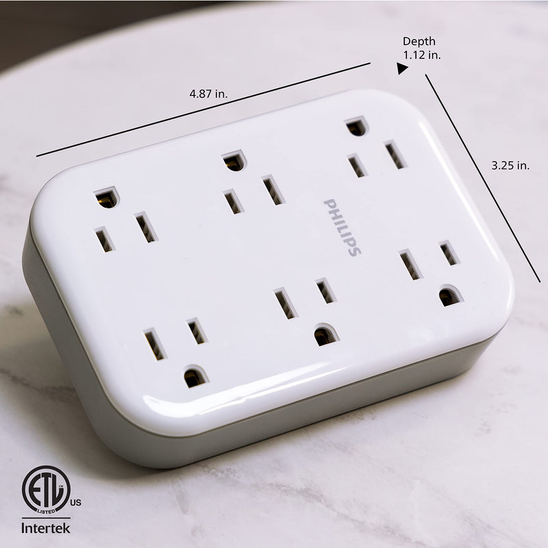 Philips EZFit 6-Outlet Surge Protector Outlet Extender, Wall Tap, Grounded Widely Spaced Outlets, 900 Joules, for Home Office Dorm Essentials, White, SPP6602W/37 6 Outlet