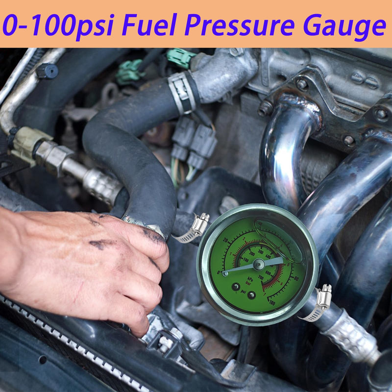 0-100psi Glycerin Filled Fuel Pressure Gauge Kit, Fuel Pressure Gauge Kit, 1-1/2" Dial Size Fuel Pressure Gauge for Car, 1/8'' NPT Inline Fuel Pressure Gauge with 3/8'' 5/16'' Barb, Back Mount