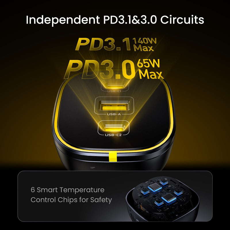 AOHI 165W Laptop Car Charger Adapter 140W PD 3.1/ 100W PD 3.0 USB C Super Fast Charging PPS 45W 3-Ports QC5.0 Car Lighter Charger for MacBook Pro, iPhone 16/15, Galaxy S24 Ultra, iPad, Black