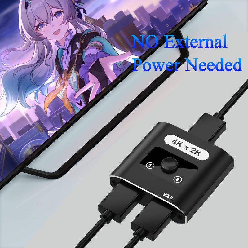 HDMI Switch Splitter 4K@60Hz, Aluminum Bi-Directional HDMI 2.0 Switcher, HDMI Splitter 1 in 2 Out/ 2 in 1 Out, Support 4K 3D HDR for Xbox, PS5/4/3, Fire Stick, Roku, HDTV, Projector, Computer (Black) Black