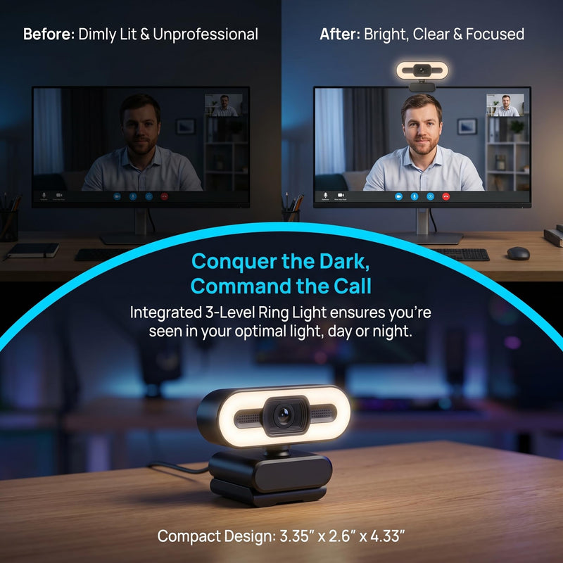 4K Webcam with Ring Light & Mic, USB Computer Camera with Auto Focus Plug and Play Video Calling Cam for PC Laptop Desktop 4K