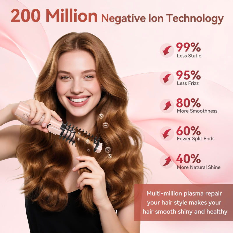 Cordless Curling Iron Brush, 3-in-1 Portable Travel Hair Curler & Straightener Wand, 7000mAh USB Rechargeable, 4 Heat Settings Anti-Scald Ionic Mini Hot Brush for Styling, Smoothing (Pink) Pink