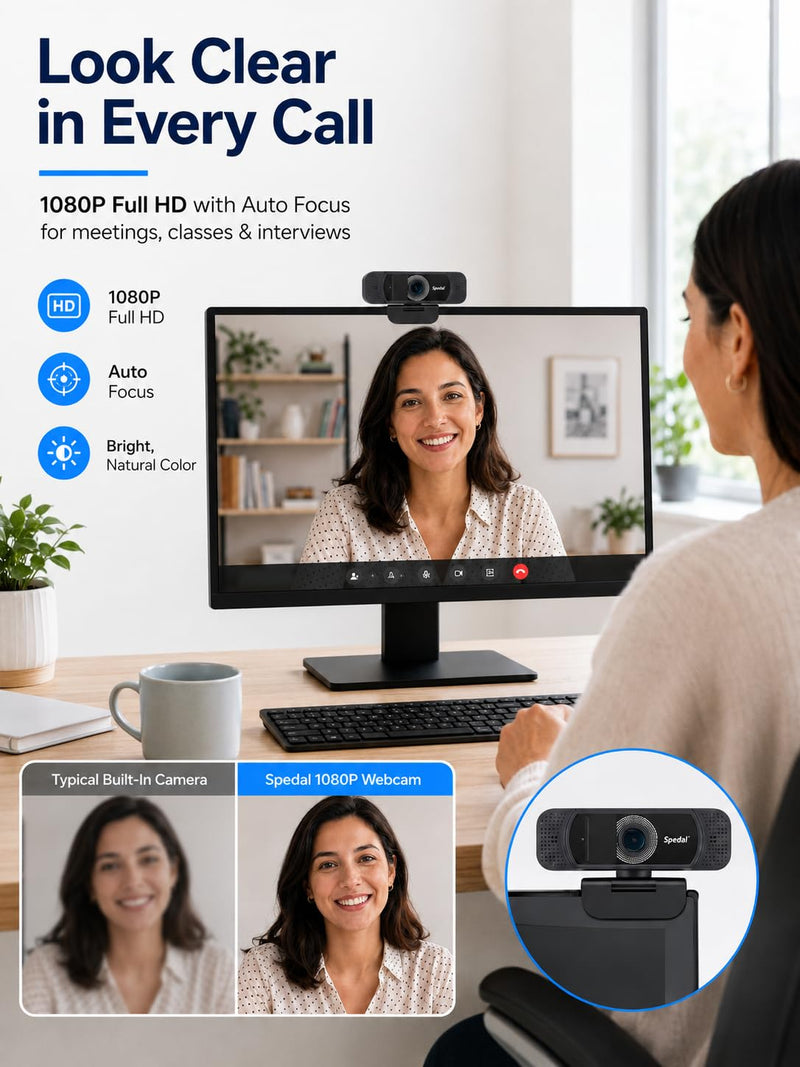 1080P Webcam with Microphone for Laptop and Desktop | Wide-angle web camera with auto light correction and plug-and-play setup for Zoom, video calls, streaming and classes.