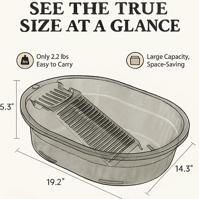 Washboard Basin for Hand Washing Clothes, 19.2" Laundry Washboard Basin with Built-In Washboard, Soap Holder & Carry Handles, Hand Wash Tub for Delicates, Baby Clothes, Apartment, Dorm, RV & Sink Use Transparent Gray 19 in