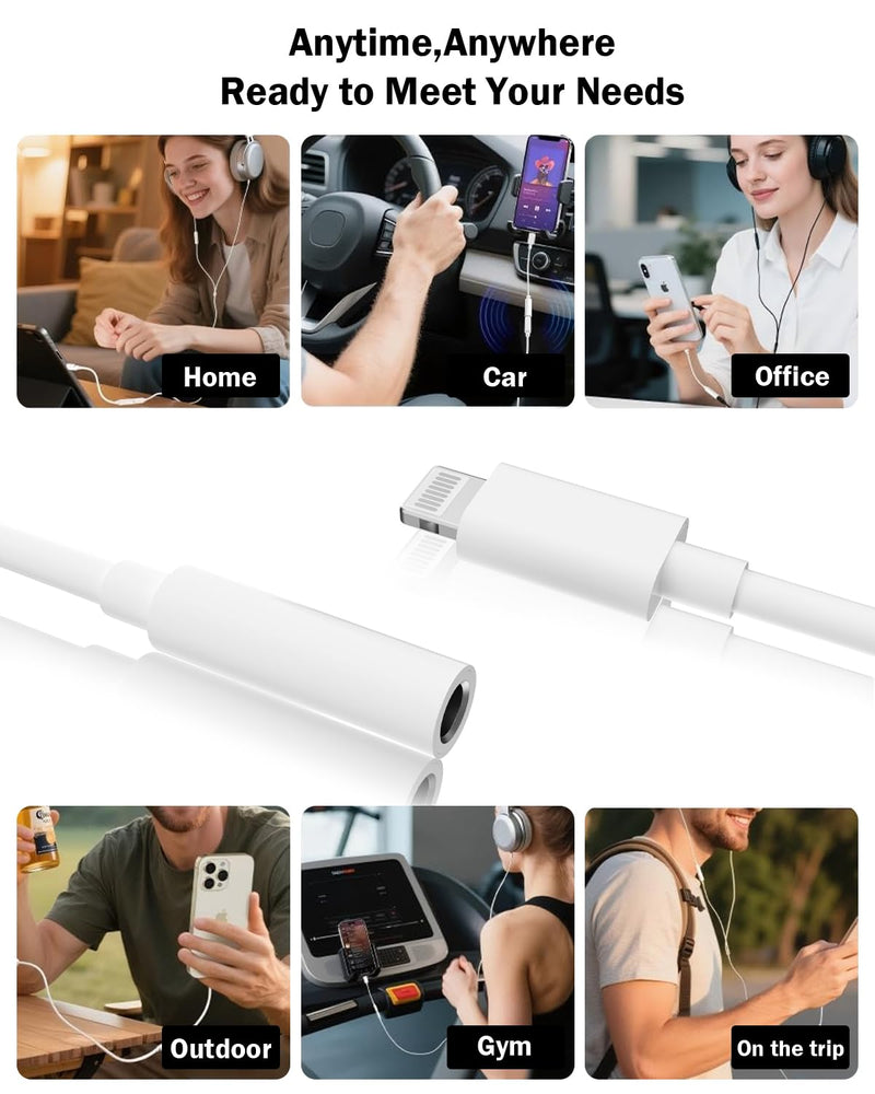 [Apple MFi Certified] Lightning to 3.5mm Headphone Jack Adapter for iPhone | Clear Audio for Music and Media; Compatible with iPhone 14/13/12/11/X/XS/8/7; Compact White 3-Pack, Plug and Play. 3 Pack