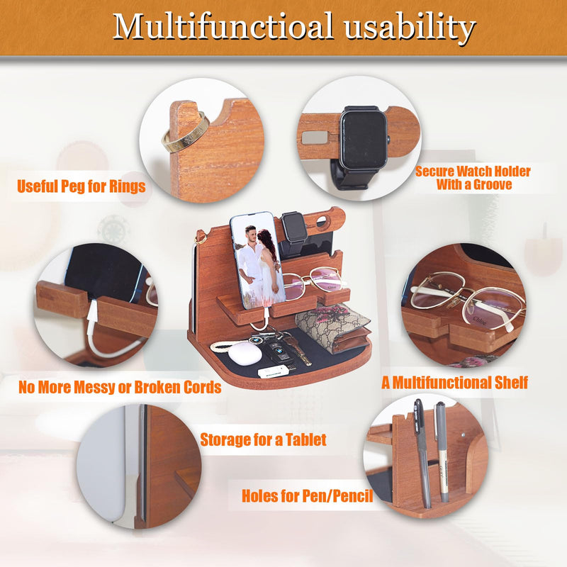 Krismax Wood Phone Docking Station for Men, Husband, Dad.-Nightstand & Desk Organizer-Anniversary Idea from Wife-Wallet, Key Holder,Watch & Essentials