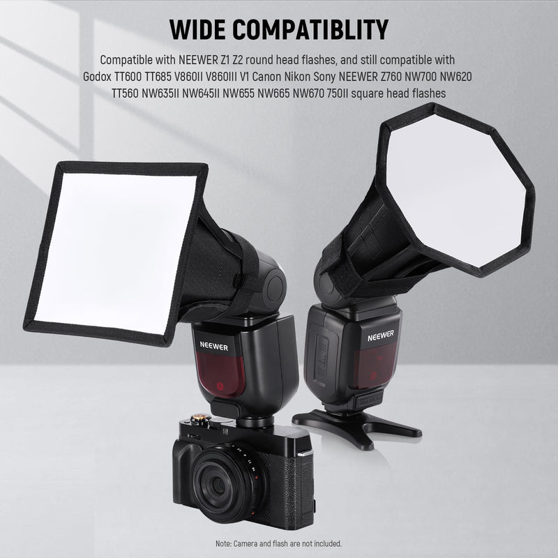 NEEWER Upgraded Flash Diffuser Speedlight Softbox Collapsible 2 Pack, (5.9"/15cm Octagon, 6"x5" Rectangular) for Z2 Z1 V1 Round Head Flashes and Compatible with Godox Sony Nikon Canon Flash, NS5P