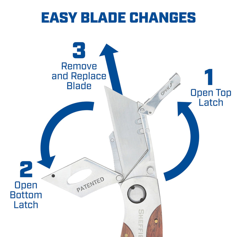 Sheffield 12525 Premium Lock Back Utility Knife 2 Pack, Gifts for Men, Dad Gifts, Box Cutter Knife, Carpet Knife, Drywall Cutter, Quick Change Blade, Aluminum and Wood Handle 2-Pack