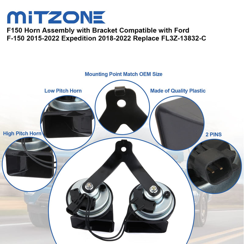 MITZONE F150 Horn Assembly With Bracket Compatible with Ford F-150 2015-2022 Expedition 2018-2022 Replace FL3Z-13832-C Black