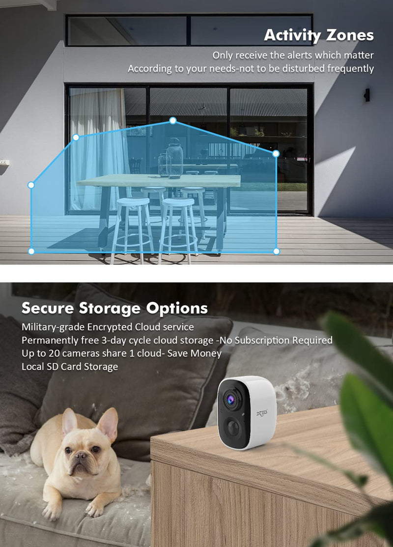 Dzees 2K Security Cameras Wireless Outdoor, 5W Solar Powered WiFi Battery Camera with USB-C, Motion Sensor, 2-Way Audio, IP65 Waterproof, Cloud/SD Storage