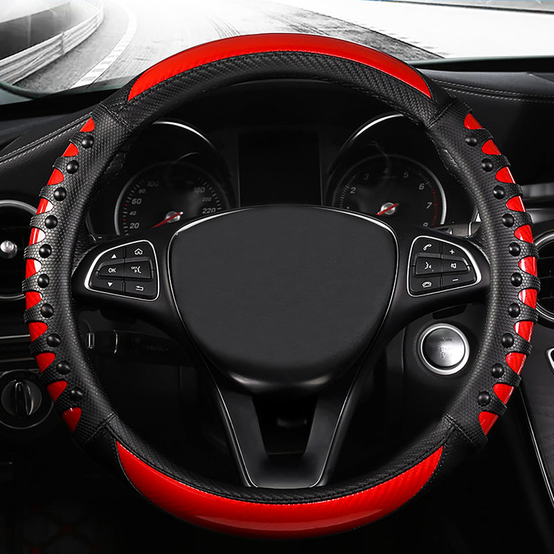 3D Massage Red Carbon Fiber Leather Steering Wheel Cover, 14.5-15 Inch Non-Slip Breathable Microfiber Car Steering Wheel Protector 3D Massage - Sports Red