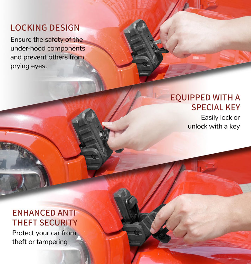 Locking Hood Latch with Keys, Jeep Hood Latch Compatible with 2018-2025 Jeep Wrangler JL JLU Jeep Gladiator JT, Anti-Theft Hood Lock Catch Latch Accessories, Dust & Water Resistant, 1 Pair(Not for JK) OEM Style - For 2018-2025 Jeep JL JLU JT