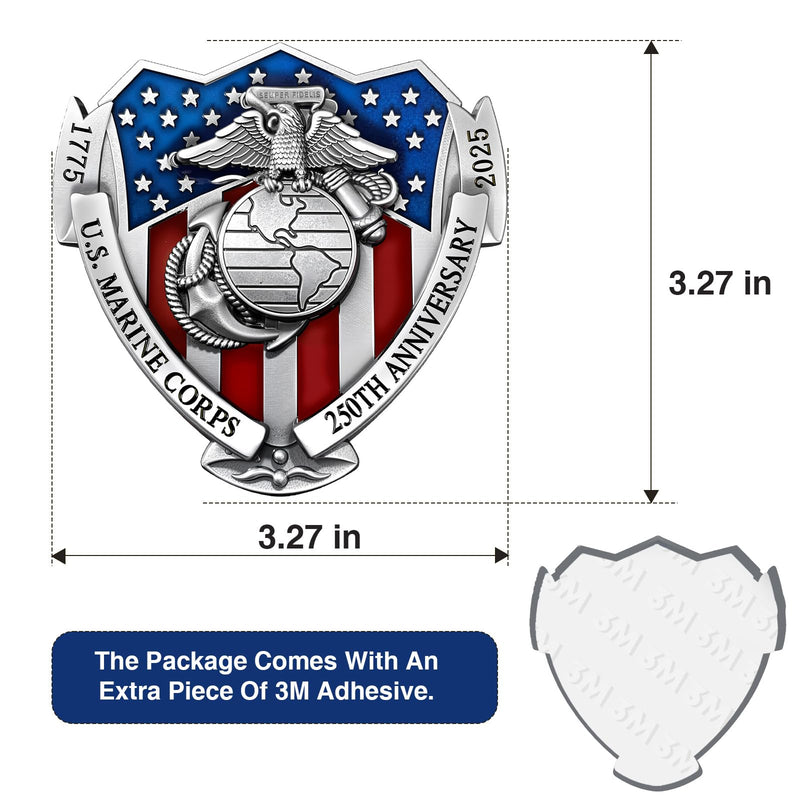 2025 Marine Corps 250th Anniversary Metal Car Emblem, US.MC 3D Shield Shape Car Decals with Eagle, Enamel American Flag, 3M Adhesive, Cars Medal Gift for Veterans and Military Supporters
