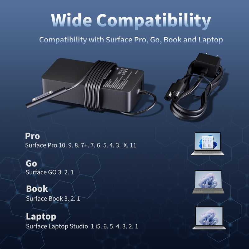 65W Surface Pro Charger, Compatible with Microsoft Surface Pro 11 10 9 8 7+ 7 6 5 4 3 X, Windows Surface Laptop 7 6 5 4 3 2 1, Go 4 3 2 1, Book 3 2 1, Replacement Tablet Power Supply