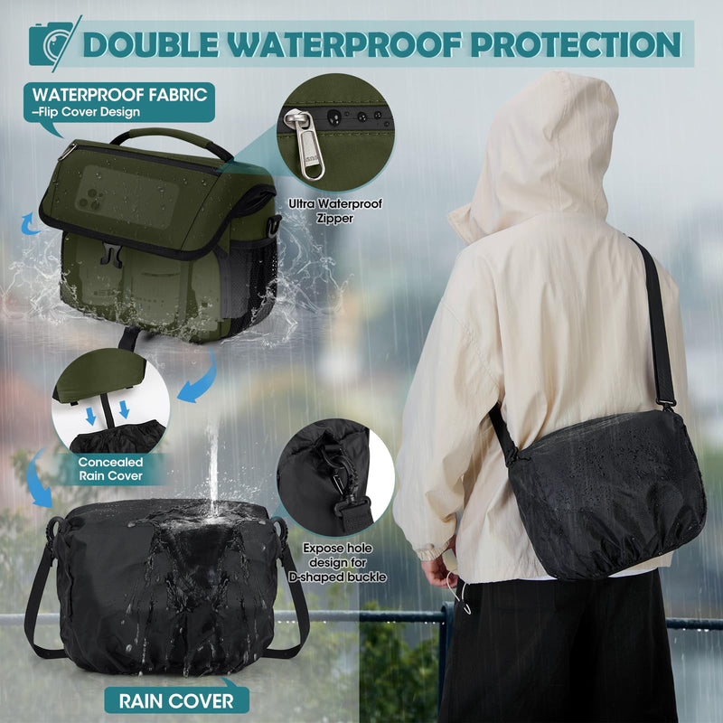 RAINSMORE Camera Bag, DSLR SLR Mirrorless Camera Case for Photographer | Waterproof Camera Sling Bag with Rain Cover & Tripod Holder Soft Padded Crossbody Camera Bag for Sony Canon Nikon Fujifilm Green M