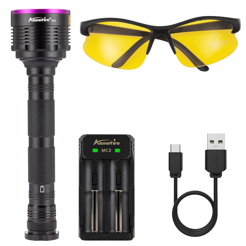 ALONEFIRE SV44 20W 365nm UV Flashlight USB Rechargeable Ultraviolet Black Light Pet Urine Detector for Resin Curing, Fishing, Scorpion, Dry Glue with UV Protective Glasses, Battery Included, Charger