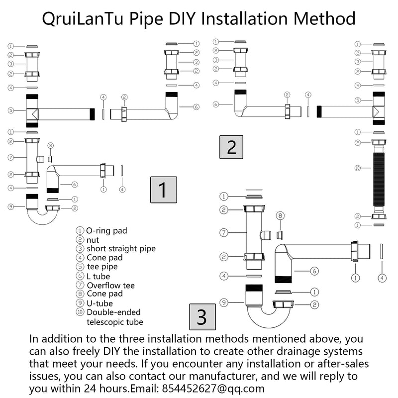 Universal 1-1/2" Kitchen Sink Drain Kit, Space-Saving kitchen drain P-trap With retractable flexible Pipe Completed Sink Pipe Replacement Kit (DIY Installation) Double Sink Drain Kit White