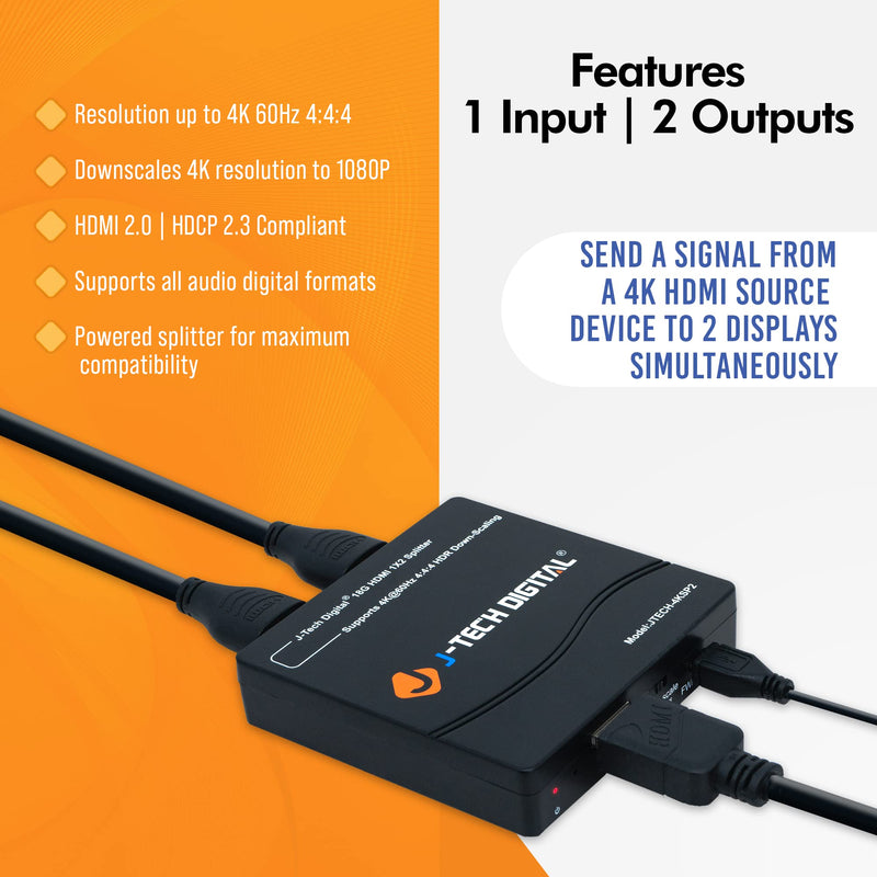HDMI Splitter 1 in 2 Out 4K 60Hz Multi-Resolution Output (MRO) by J-Tech Digital HDMI 2.0 Splitter Supports Downscale HDR HDR10 / Dolby Vision 4K@60Hz 4:4:4 HDCP2.3 2.2 (JTECH-4KSP2) 4K 1x2 4:4:4