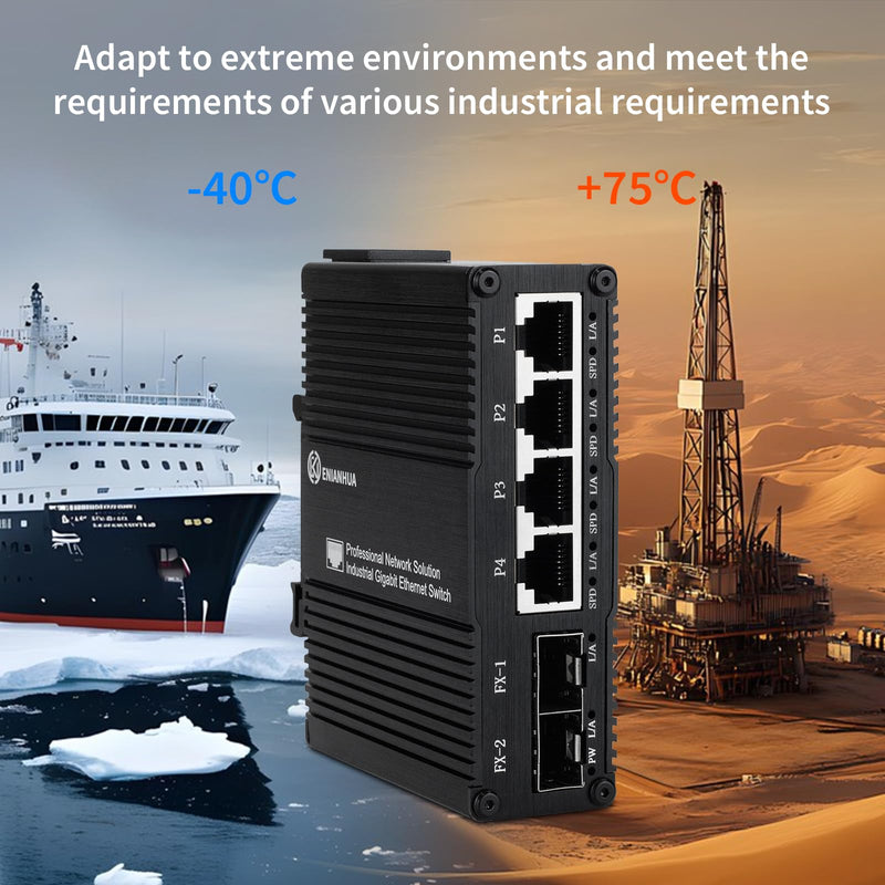 Industrial 6 Port Umanaged Ethernet Switch, Network Switch, 4 Port RJ45 10/100/1000BASE-T+2 Gigabit SFP Slot 1000Base-X, Plug & Play, Din Rail or Wall Mount, AC 110V~220V Wide Voltage Input
