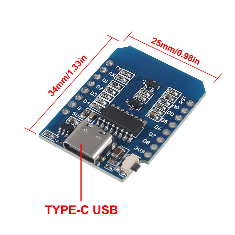 AITRIP 10pcs Development Board D1 Mini Type-C USB NodeMcu Mini Wireless D1 Module for ESP8266 ESP-12F 4M Bytes WLAN WiFi Internet Development Board Compatible with Arduino 10PCS D1 MINI TYPE-C