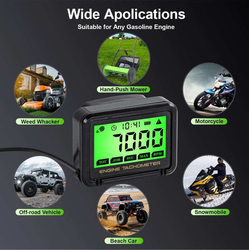 Small Engine Tachometer, Digital Tachometer Tach Gauge with Clip, Inductive Hour Meter Battery Replacement for Gas Small Engine Cropper Generator Lawn Mower RV Chainsaws Outboard Motor