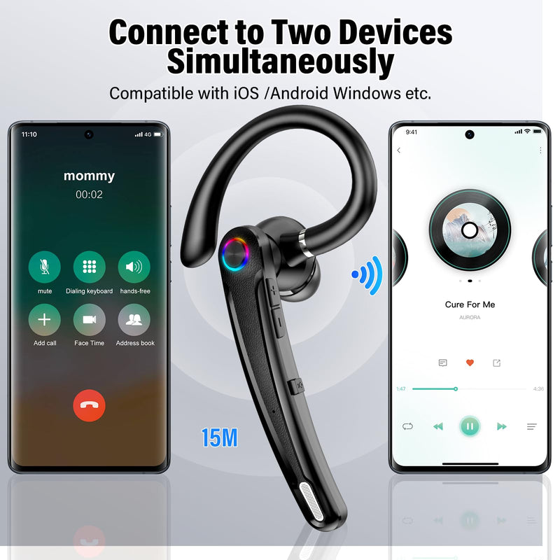 Atheewon Bluetooth Headset V5.4, Wireless Bluetooth Earpiece with Dual Mic Noise Cancelling, 115H Playtime Computer Headset Hand Free Headphones for Trucker, Driver, Home, Work, Business Black