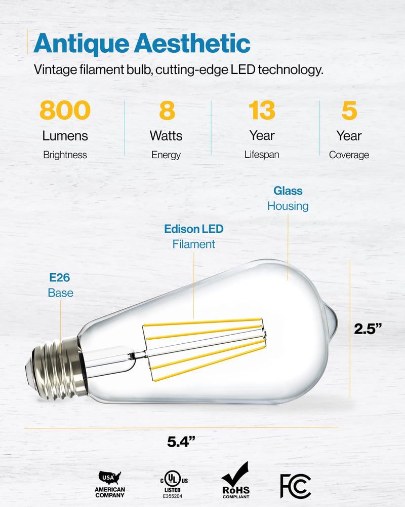 10 Pack 60W Vintage LED Edison Bulbs Equivalent 8.5W CRI92 800 Lumens, Dimmable ST64 Filament 3000K Warm White E26 Medium Base Light Bulbs High Brightness Clear Glass Waterproof UL 10 Count (Pack of 1)