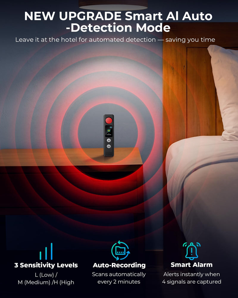Hidden Camera Detectors, Anti-Spy Camera Finder with LED Screen Rechargeable GPS Tracker&Bug Detector, Anti-Theft Alarm, 7 Modes Portable Privacy Protection for Airbnb, Hotel, Car, Office Small