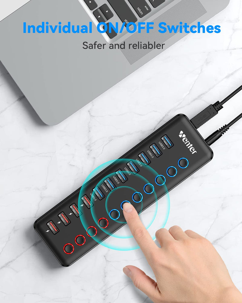 Powered USB 3.0 Hub, Wenter 11-Port Hub Splitter (7 Faster Data Transfer Ports+ 4 Smart Charging Ports) with Individual LED On/Off Switches, Power Adapter for Mac, PC 7+4