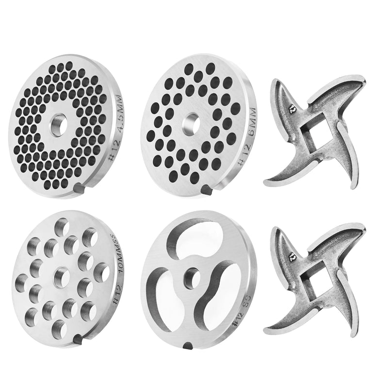 #12 Stainless Steel Grinder Plate Assortment comes with 4 stainless steel grinder plates and 2 stainless steel knives. Blade Set