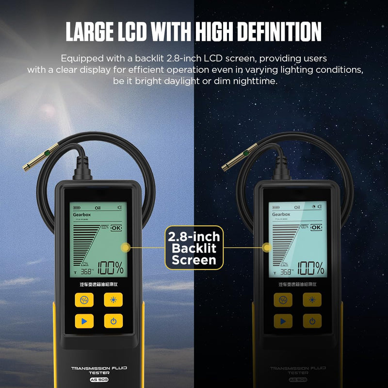 Transmission Fluid Tester AS505 Gearbox Oil Quality Test Detector,Car Transmission Fluid Transparency Detector Fluid Transparency Analyzer with 800mm Probe,Oil Temp. & Transmittance Display,2.8" LCD