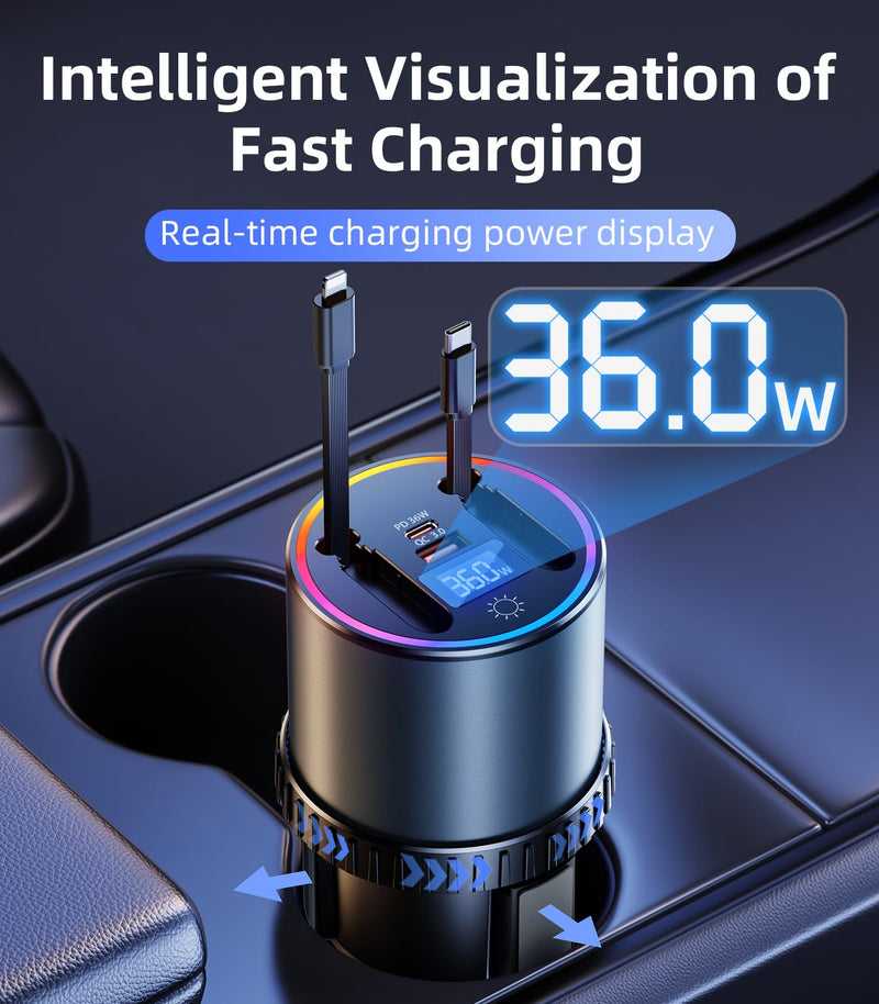 Retractable Car Charger USB Hub with RGB Light, 4 Port Car Charging Station Cigarette Lighter Adapter, Travel Essentials Car Accessories Gadgets for Men Gifts for iPhone 17 16 15 14 13 Pro Max