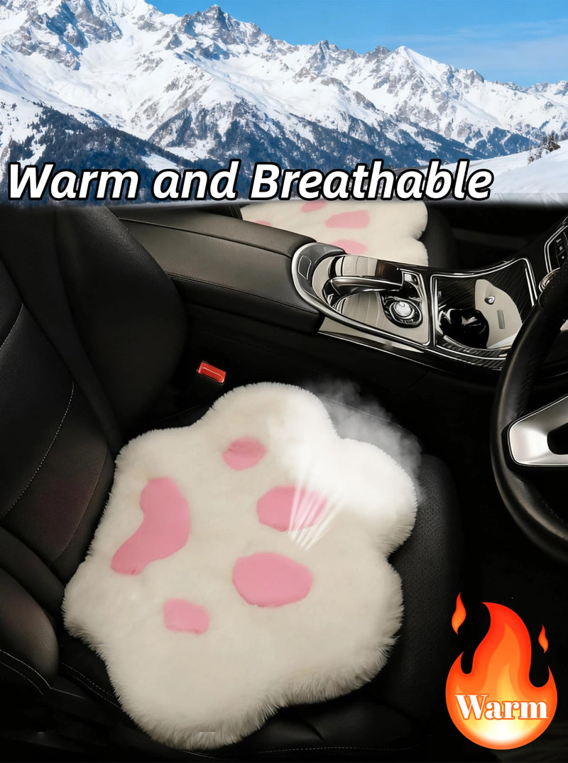 Fluffy Cat Paw Print Car Seat Cover for Universal Faux Sheepskin Fur Car Seat Covers Fuzzy Soft Plush Auto Seat Protector Pad (Pink, 2pcs Front Seat Cushions) Pink