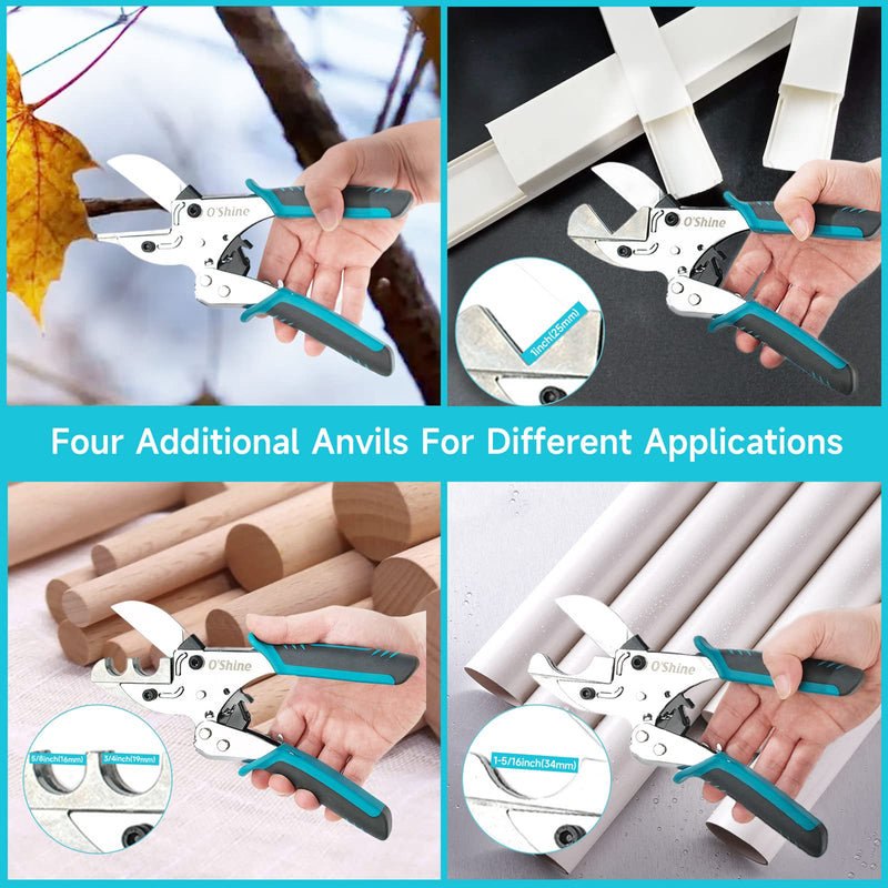 O’Shine Ratchet Miter Shears Expert for Angular Cutting Molding Crafting Wood, Quarter Round Cutting Tool, 45-135 Degree Multi Angle PVC Miter Shear Trim Cutter Hand Tool, w/Extra Four Anvils & Blade American