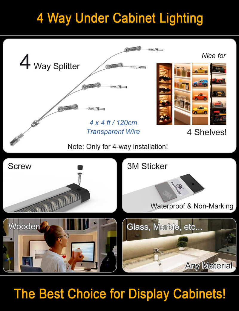 EBD Display Case Lights Ultra Bright Under Counter Lighting 4-Way Parallel Bookshelf Light Bar 4 Panels 1800 Lm 4500K for Kitchen Storage Pantry Garage Shelves Closet Shelf & Bookcase 4-Way 4 Panels Daylight 4500K