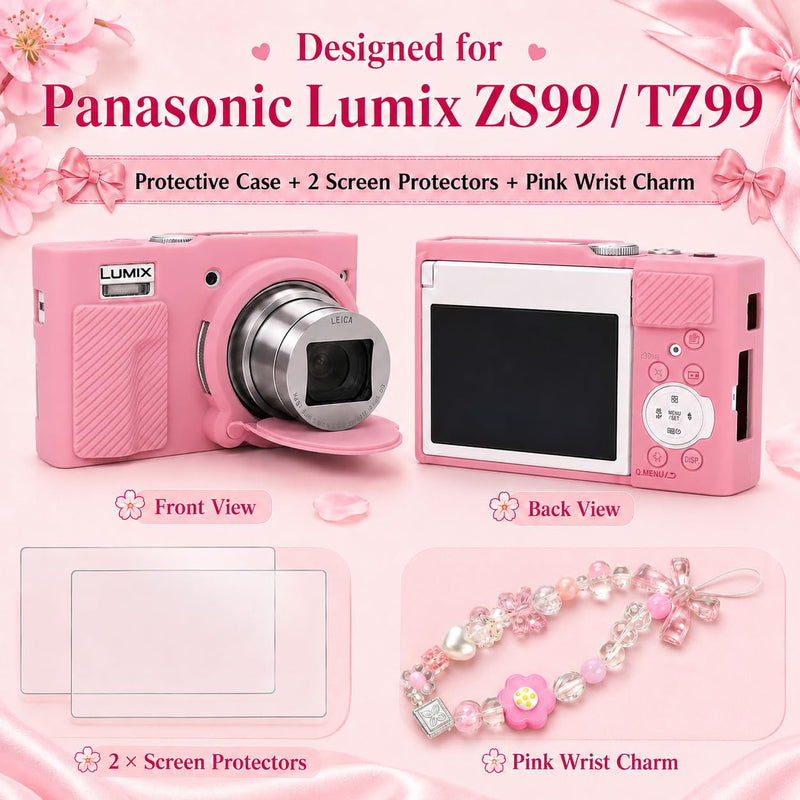 Case for Panasonic LUMIX ZS99/TZ99 with 2-Pack Screen Protector | Removable Lens Cap Silicone Cover with Cute Charm Wrist Strap for Lumix DC-ZS99/TZ99 Case Accessories Pink